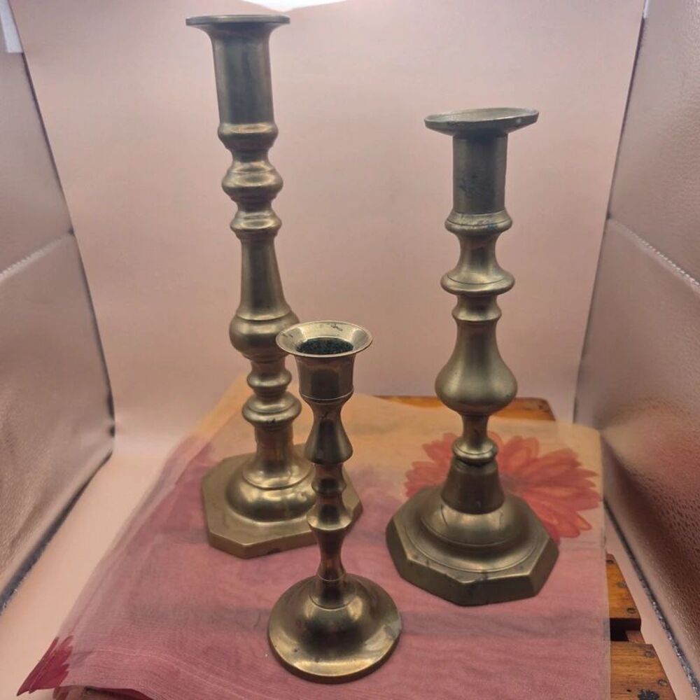 VTG Brass Candlestick Holders Lot Octagon Base India Assorted Heights Set 3